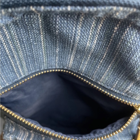 Frye Ivy Blue Denim Mini Backpack Striped Cotton Leather Gold Zipper - Picture 6 of 11